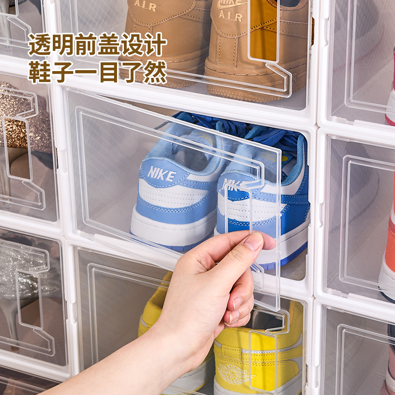El almacenamiento de la caja de zapatos es transparente y la puerta se abre directamente engrosada, aumenta la resistencia al polvo y se puede superponer.