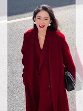 本命年红色毛呢大衣女2023秋冬新款高级感法式小香风长款呢子外套