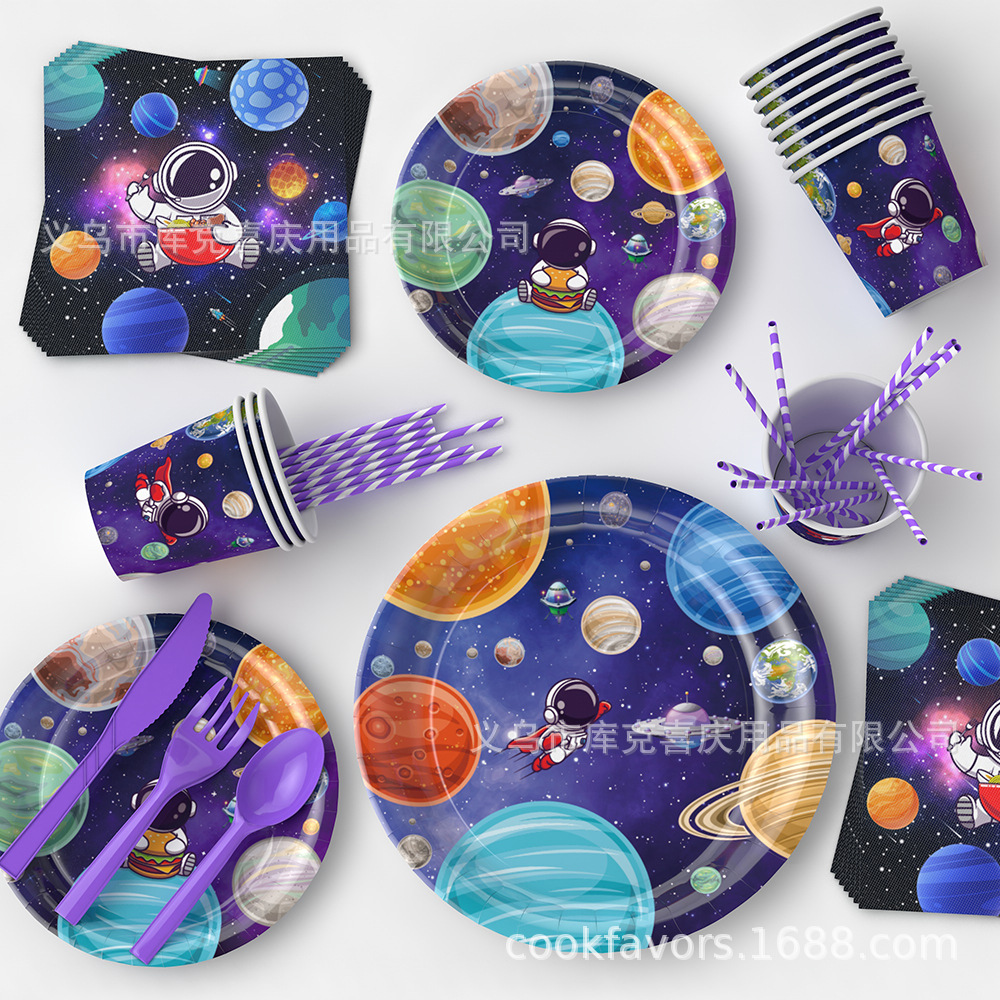 Starry Sky Aerospace Theme Bandeja de papel desechable, taza de papel, juego de vajilla de toallas de papel, suministros de decoración para fiestas de cumpleaños de astronautas