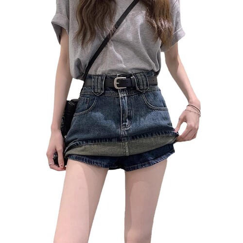 Women's Summer Plus Size Vintage Denim A-Line Short Skirt, High-Waisted Slimming Bustier, No-Show Design Fashion Pants