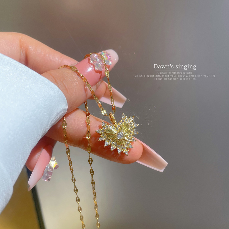 Fashion Heart Shape Titanium Steel Plating Zircon Pendant Necklace