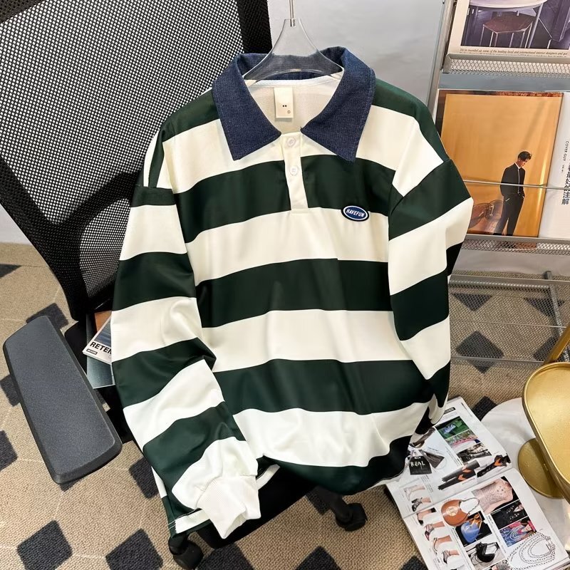 Hong Kong Style Striped Polo Sweatshirt for Men and Women, 2025 New Japanese Style Loose Color-Blocked Long-Sleeve Top Trendy