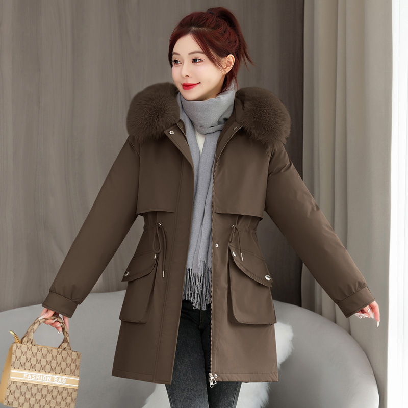 2025 Winter New Thick Parka Women's Waist-Slimming Hooded Large Fur Collar Integrated Fleece Cotton Coat Jacket Women's Trendy 2025 Winter New Thick Parka Women's Waist-Slimming Hooded Large Fur Collar Integrated Fleece Cotton Coat Jacket Women's Trendy