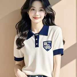 2025夏季新品我气质拼色polo领针织衫上衣女高级设计感短袖t恤夏