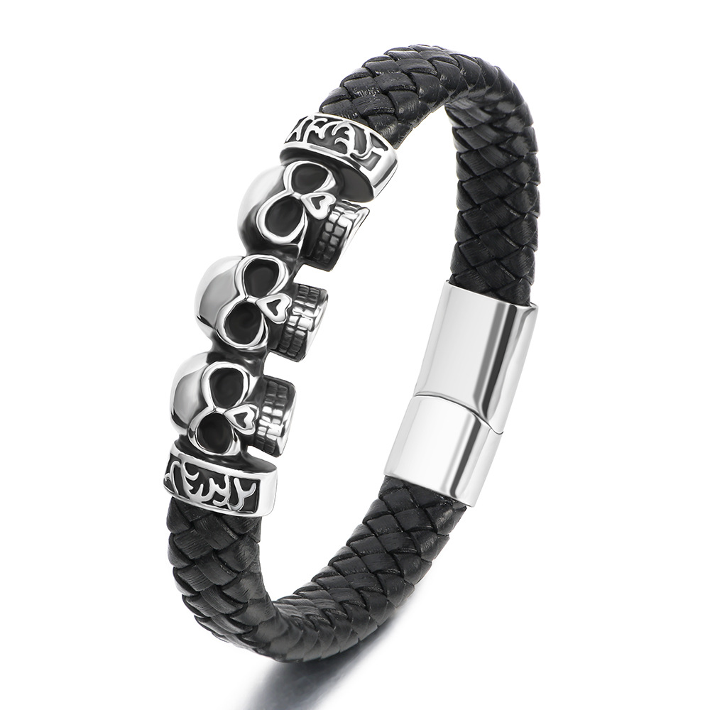 Cross-border new punk style stainless steel skull bracelet men's leather woven titanium steel magnet buckle bracelet in stock