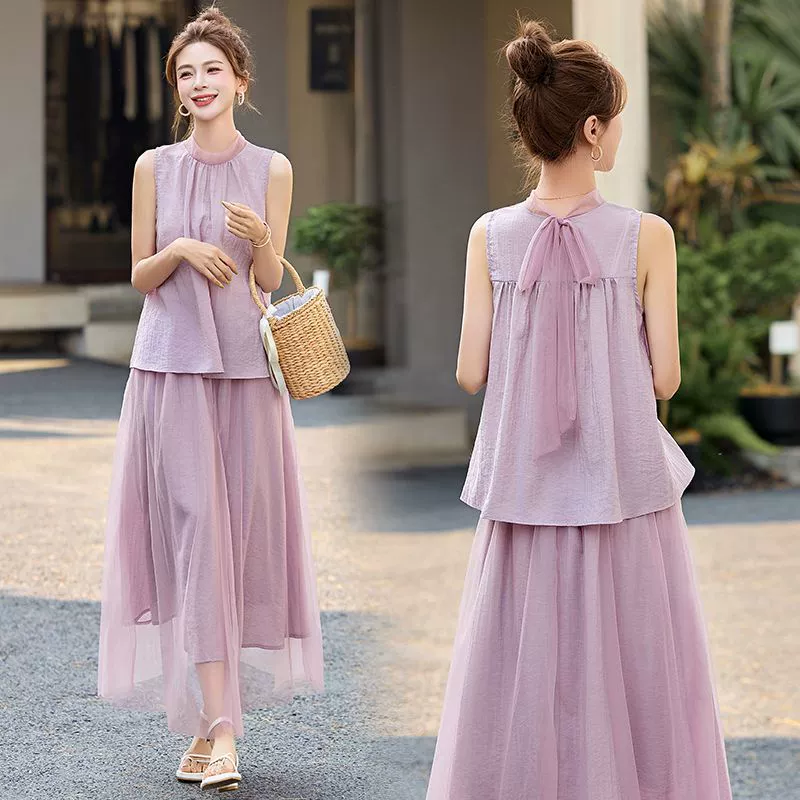 Летний костюм для женщин 2025 года, элегантный и модный, безрукавный топ и сетчатая юбка, комплект из двух предметов