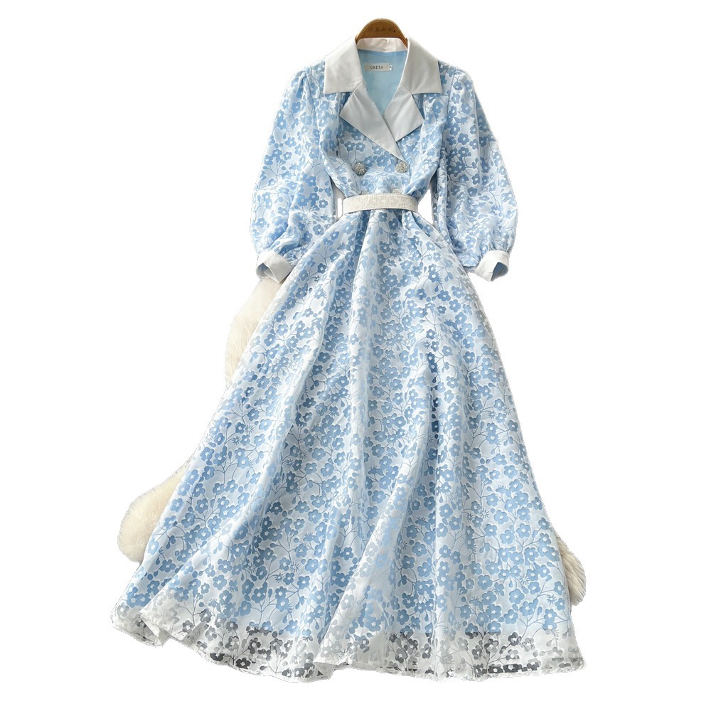 French Style Elegant V Neck Floral Dress, Korean Style, Long Sleeves, Lapel Collar, Fitted Waist, A Line Long Skirt, Sophisticated And Suitable For Commuting._ecoleips.com
