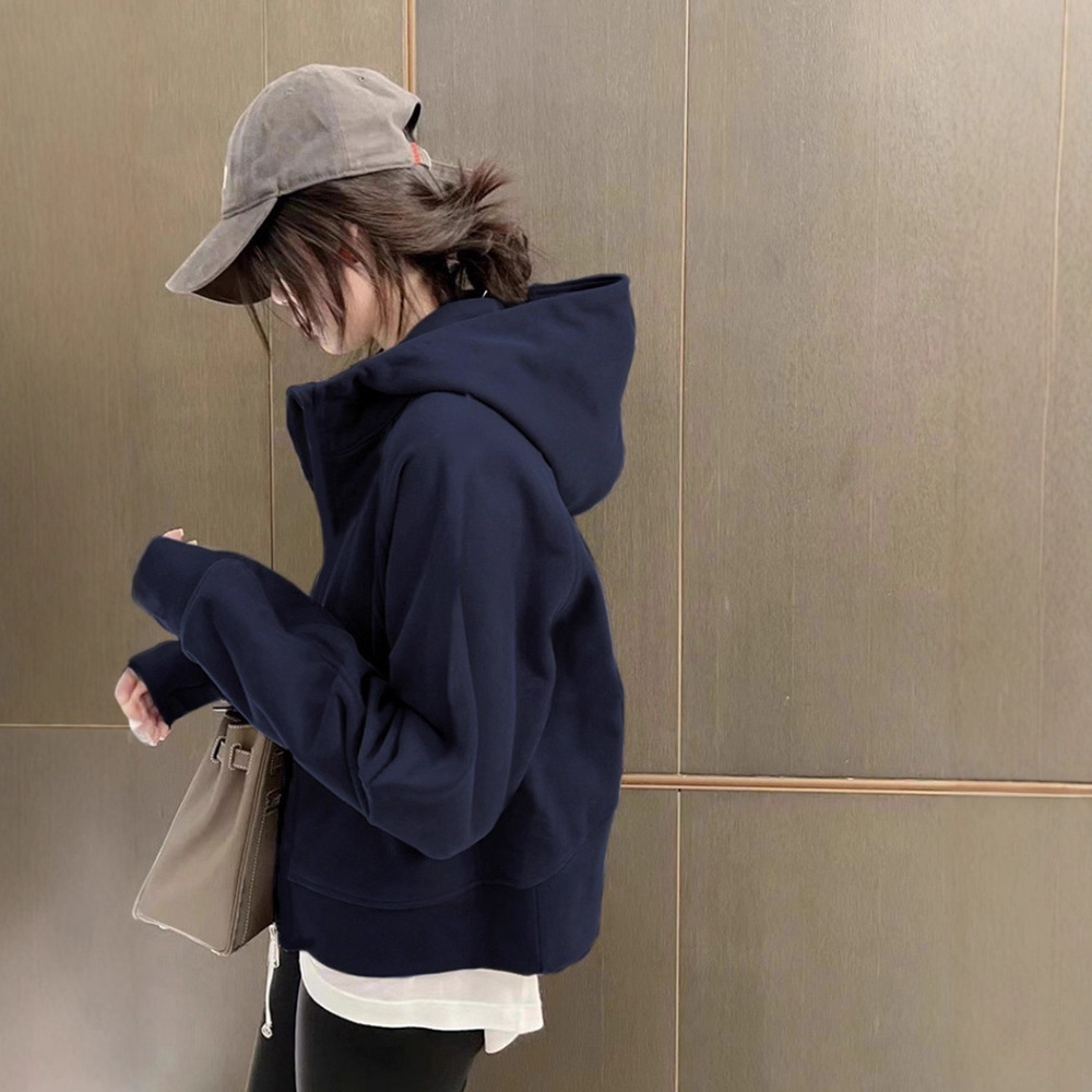 Petite American-Style Lazy Hooded Sweatshirt for Women, Autumn and Winter 2025 New Fleece-Lined Thickened Short Zip-Up Cardigan Jacket