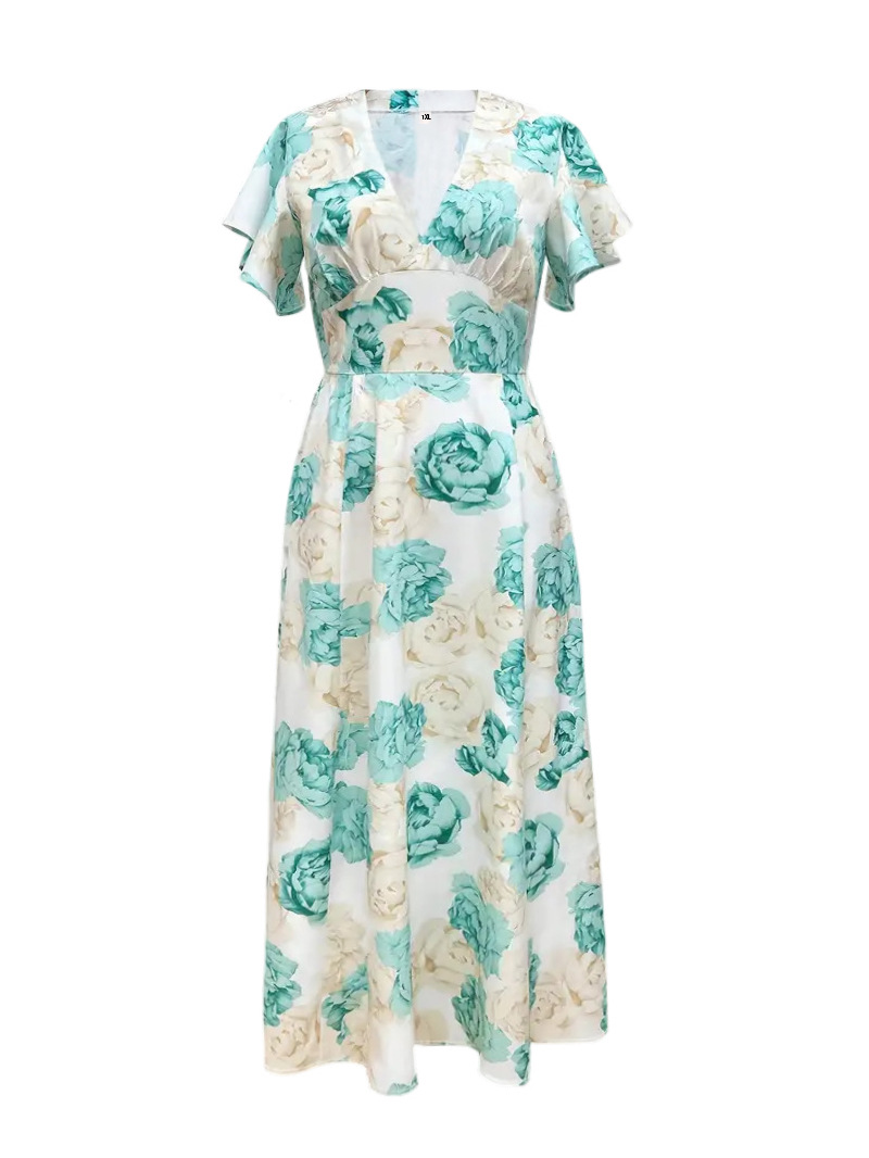Summer Elegant Plus Size High-Quality Printed Long Dress V Neck Flowing Skirt Women's Clothing_ecoleips.com