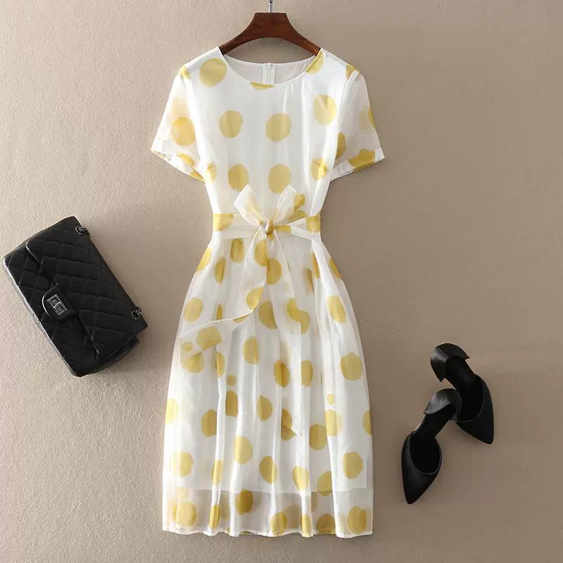 Ханчжоу аутентичное 2025 стильное элегантное женское облегающее платье-миди с юбкой А-силуэта и короткими рукавами в горошек