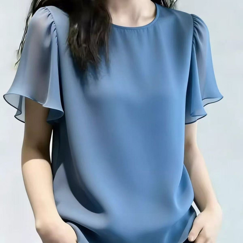 Summer chiffon blouse, stylish short-sleeved loose top, elegant and ethereal shirt, suitable for middle-aged women, hides the belly, new summer base layer