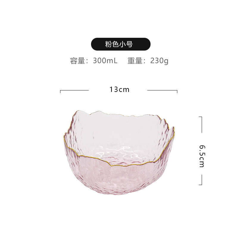 Venta al por mayor estilo nórdico patrón de martillo transparente borde dorado ensaladera de vidrio hogar plato de fruta de postre de alto aspecto vegetal