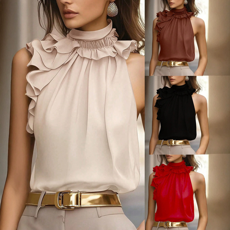 Summer European and American style ruffled halter neck sleeveless chiffon top for women, stand-up collar, pleated, elegant, solid color satin tank top Summer European and American style ruffled halter neck sleeveless chiffon top for women, stand-up collar, pleated, elegant, solid color satin tank top