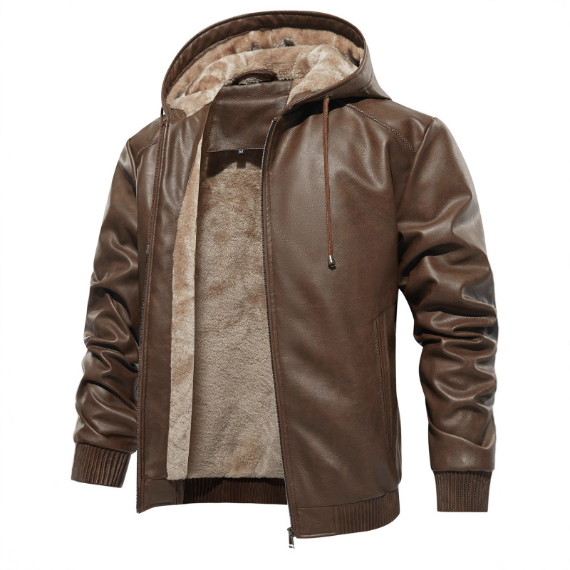 Invoicable Men's Hooded Warm Pu Leather Jacket, Brown Fleece-Lined Style, Fashionable and Versatile Faux Leather Coat Invoicable Men's Hooded Warm Pu Leather Jacket, Brown Fleece-Lined Style, Fashionable and Versatile Faux Leather Coat
