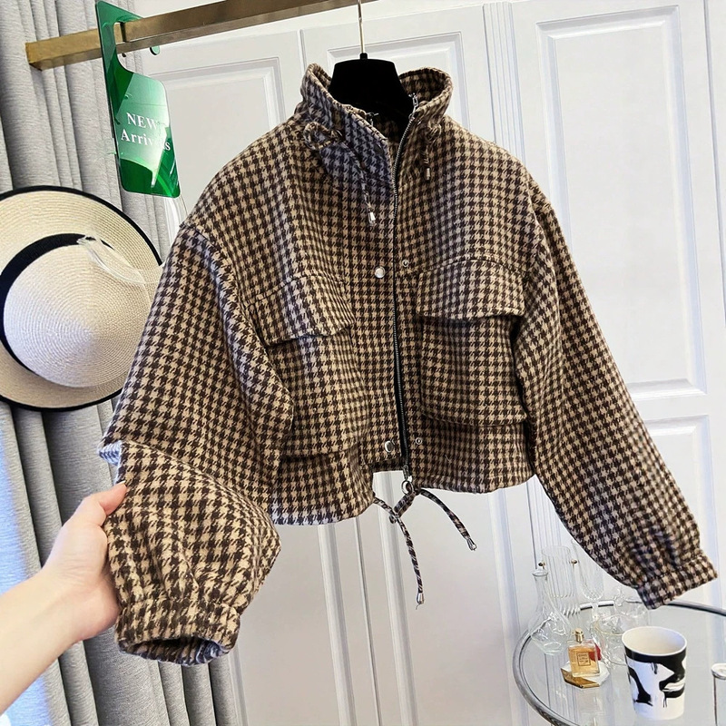 Cross-Border 2026 Autumn New European and American Style Women's French Retro Plaid Bomber Jacket in Stock