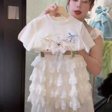 女童夏季短袖套装2024新款时髦卡通T恤宝宝蕾丝半身蛋糕裙两件套