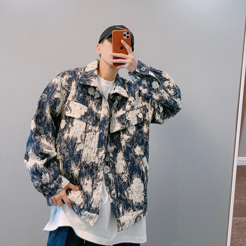 Otoño nueva moda nacional High Street pareja azul y blanco pintura al óleo pesada suelta Chaqueta corta para hombres