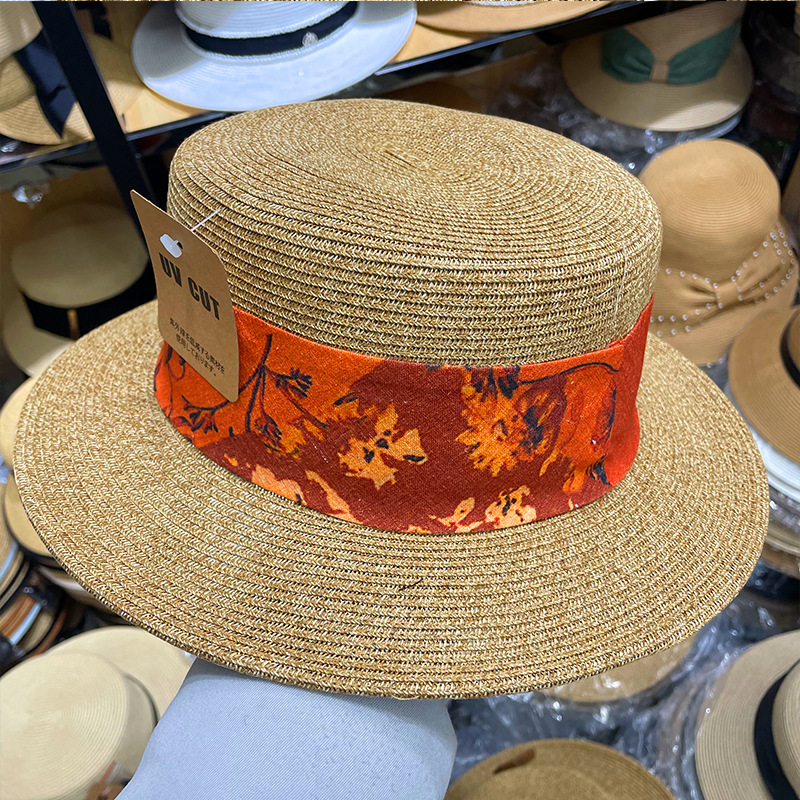 Retro Flat Top Printing Chain Strap Straw Hat Summer Holiday Concave Shape Sun Protection Hat display picture 6