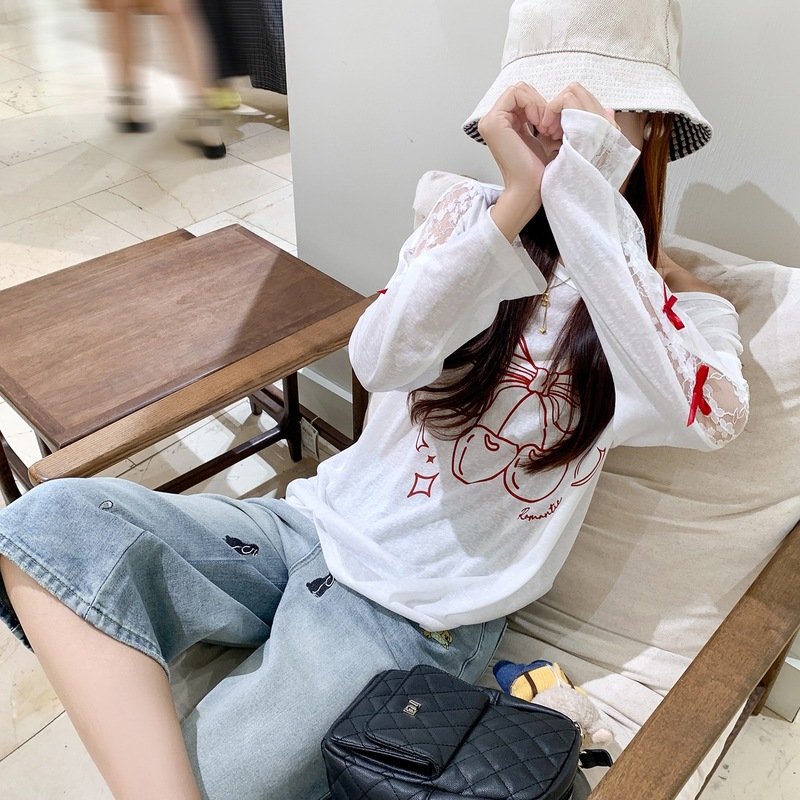 雪花棉韩系白色薄款蕾丝拼接长袖防晒罩衫女夏宽松慵懒风t恤上衣|undefined