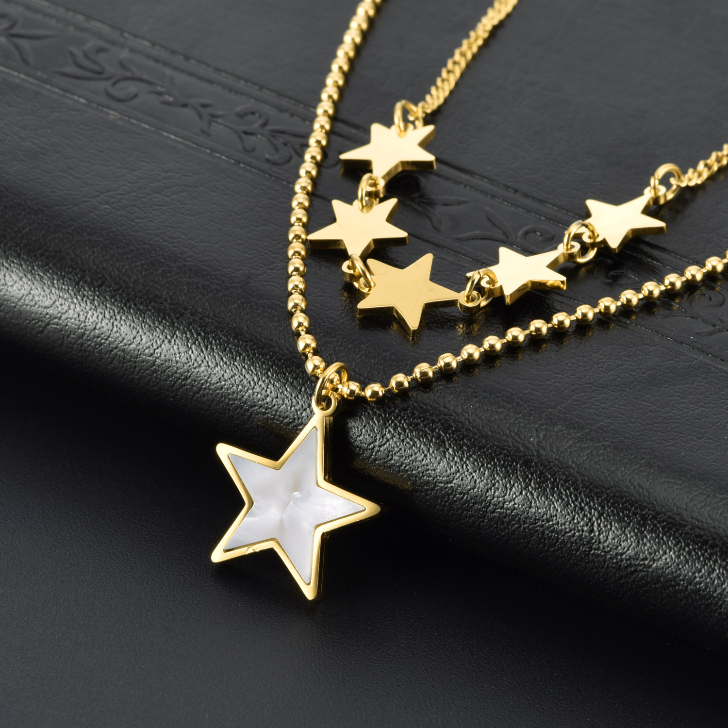 Titanium Steel 18K Gold Plated Streetwear Plating Inlay Star Shell Layered Necklaces display picture 4