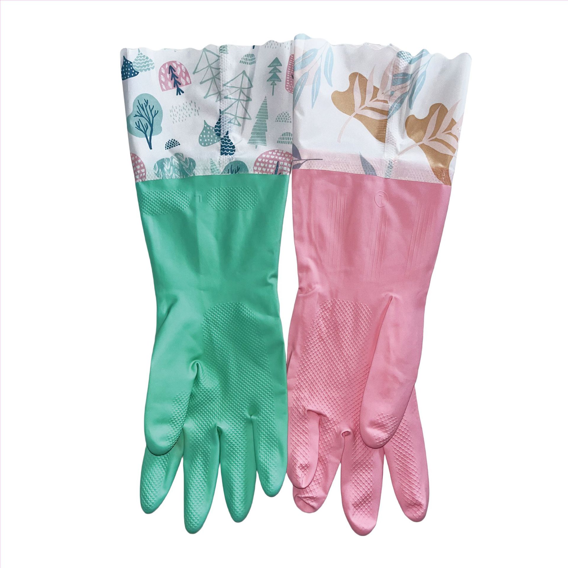 Latex Red Velvet Extended Sleeves with Open Ends, Warm Velvet Lining, Household Cleaning Gloves, Winter Waterproof Kitchen Dishwashing Gloves