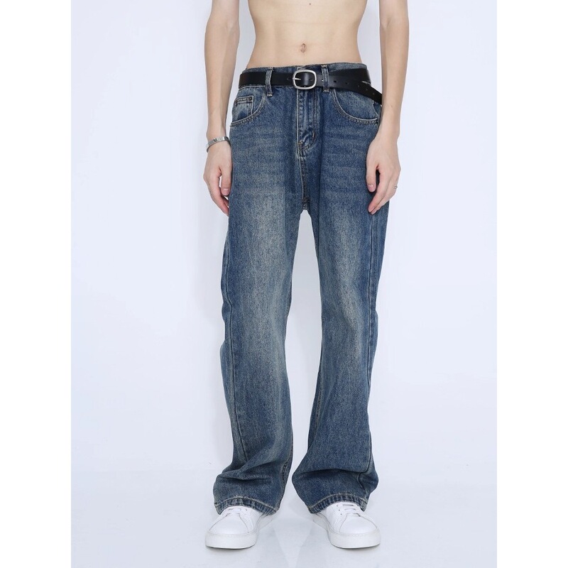 Voguo Relay Washed Retro Blue Loose Micro-Flared Mid-Waist Jeans Versatile Cleanfit for Men and Women