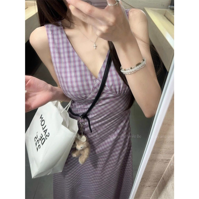 甜辣妹碎花V领无袖连衣裙女2025新款夏季收腰显瘦chic背心裙长裙|undefined