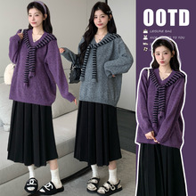 孕妇装秋季新款假两件韩版宽松时尚毛衣+毛呢百褶裙甜美显瘦套装