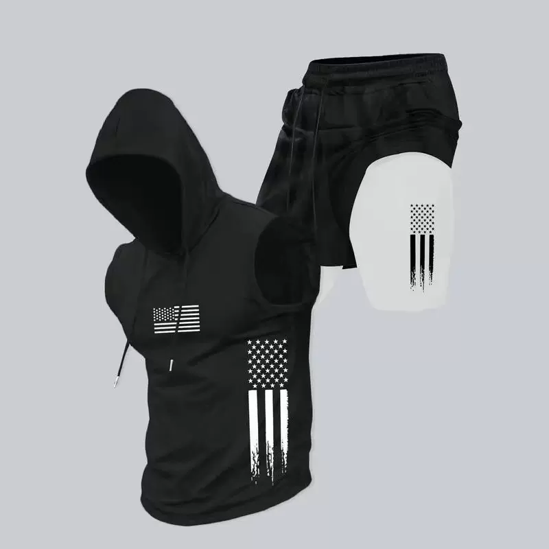 跨境厂家男夏季欧美潮流嘻哈百搭时尚印花短袖套装高街休闲两件套