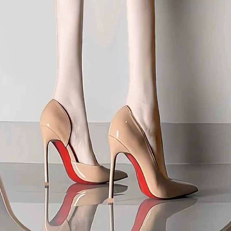 2024 весна и лето новый остроконечный темперамент лакированная кожа обнаженная красная подошва высокие каблуки женские каблуки пустые рабочие туфли