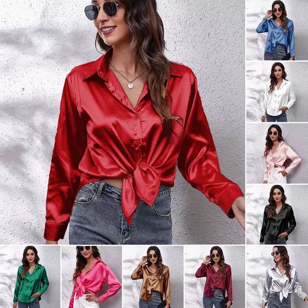23 Colors, 7 Sizes in Stock, Satin Shirt for Women, Satin-Like Imitation Silk Long-Sleeve Shirt, New Style, European and American Foreign Trade Cross-Border Women's Clothing