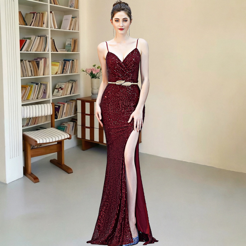 Evening dress women's high-end light luxury dinner elegant socialite banquet high-grade sequined fishtail long sling dress