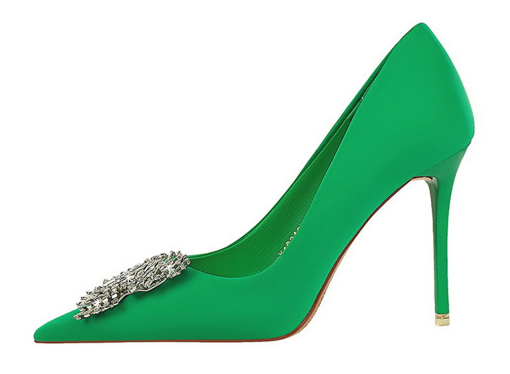 High heels Satin light mouth pointed metal rhinestone bow single shoe women's high heels_voghion.com