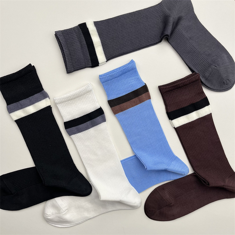 Spring and Summer New Contrast Color Two-Bar Striped Calf Socks Glossy Fashion Show Mid-Calf Socks Ins Trendy Sports Socks