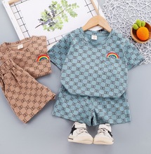 外貿童裝批發夏季新款2021韓版童裝滿印彩虹兩件套短袖圓領童套裝