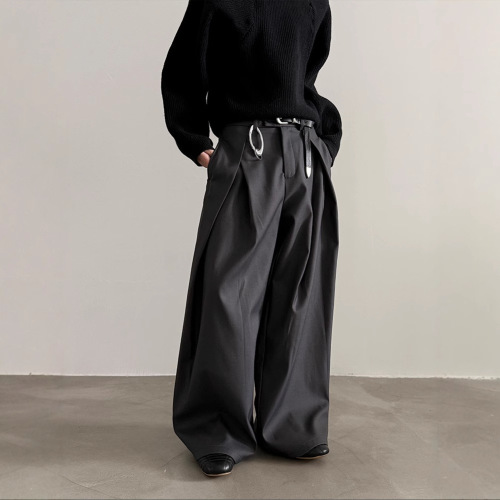 Dark Gothic Pleated Design Men's Versatile Trendy Leisure Wide Leg Pants with Drape Effect Floor-Length Long Pants
