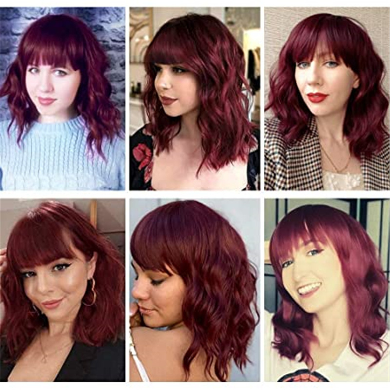Women's natural synthetic burgundy hair wave wig short hair Burgundy wave bob with bangs wig set