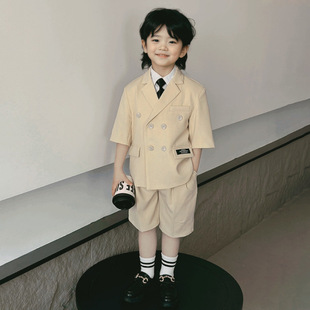 Boys' Preppy Summer Outfit 2025 New Stylish Small Suit Formal Children's Korean Performance Flower Boy Short-Sleeve Suit
