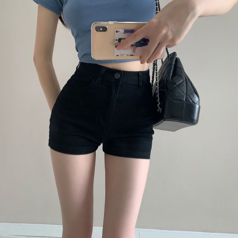 High-Waisted Slim Denim Shorts for Women, Summer 2025, Black Stretchy Hot Pants, Short Denim Jeans