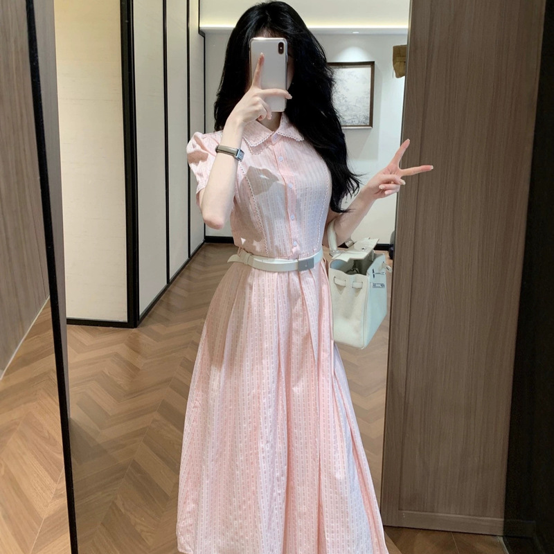 In-Stock Rl Lace Trim Waist-Cinching Pleated Dress with Pony Embroidery, Elegant Ladylike Long Dress with Belt In-Stock Rl Lace Trim Waist-Cinching Pleated Dress with Pony Embroidery, Elegant Ladylike Long Dress with Belt