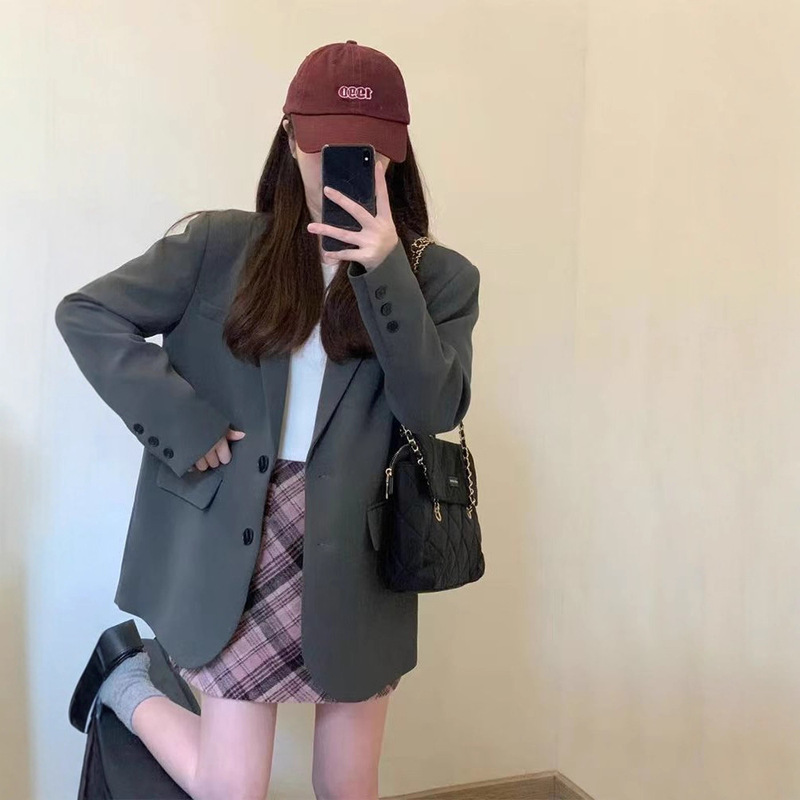 2025秋季韩版宽松休闲西服上衣外套灰色西装外套女春秋新款小个子|undefined
