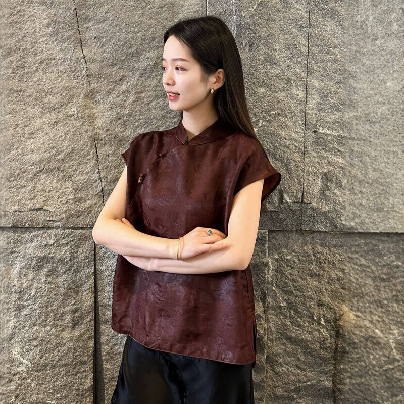 2026 Summer New Chinese Style National Style Mulberry Silk Fragrant Cloud Yarn Floral Red Cloud Yarn Stand Collar Sleeveless Shirt Versatile Top 2026 Summer New Chinese Style National Style Mulberry Silk Fragrant Cloud Yarn Floral Red Cloud Yarn Stand Collar Sleeveless Shirt Versatile Top