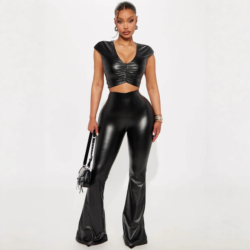 Cross-Border European and American Style Summer New Women's Fashion Suit Pu Leather V Neck Pleated Top Short Slim Fit Micro-Flared Pants Cross-Border European and American Style Summer New Women's Fashion Suit Pu Leather V Neck Pleated Top Short Slim Fit Micro-Flared Pants