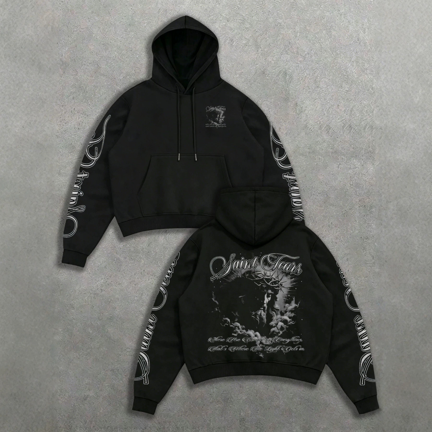 Saint Tears Thorn Sweatshirt with Vintage Floral Scroll Pattern Full-Sleeve Print Dark Loose Hooded Top