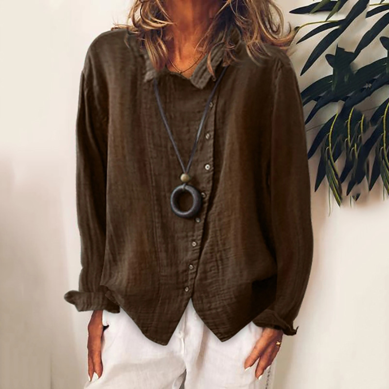 2026 Best-Selling Amazon Women's Plus Size Breathable Loose Solid Color Elegant Cotton-Linen Shirt T-Shirt Long Sleeve Business Casual
