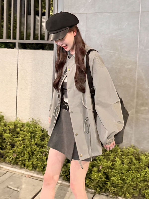 韩系高级感抽绳立领风衣外套女春秋季2025新款小个子夹克短款上衣|undefined