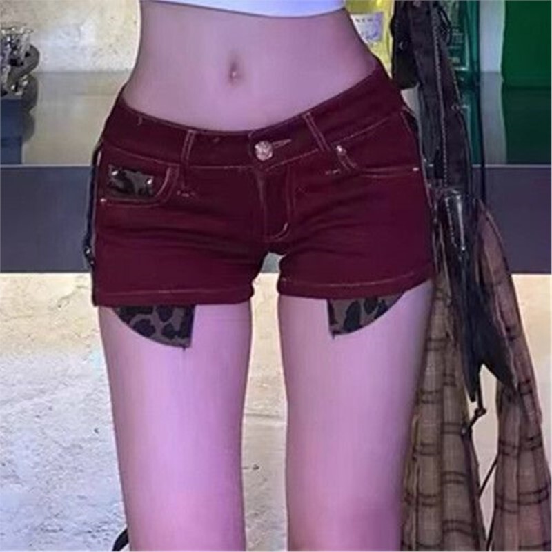 Hot Girls Denim Shorts Women's Design New Low Waist A- shaped Slim-fit Slimming Leopard Print Stitching Red Small Hot Pants