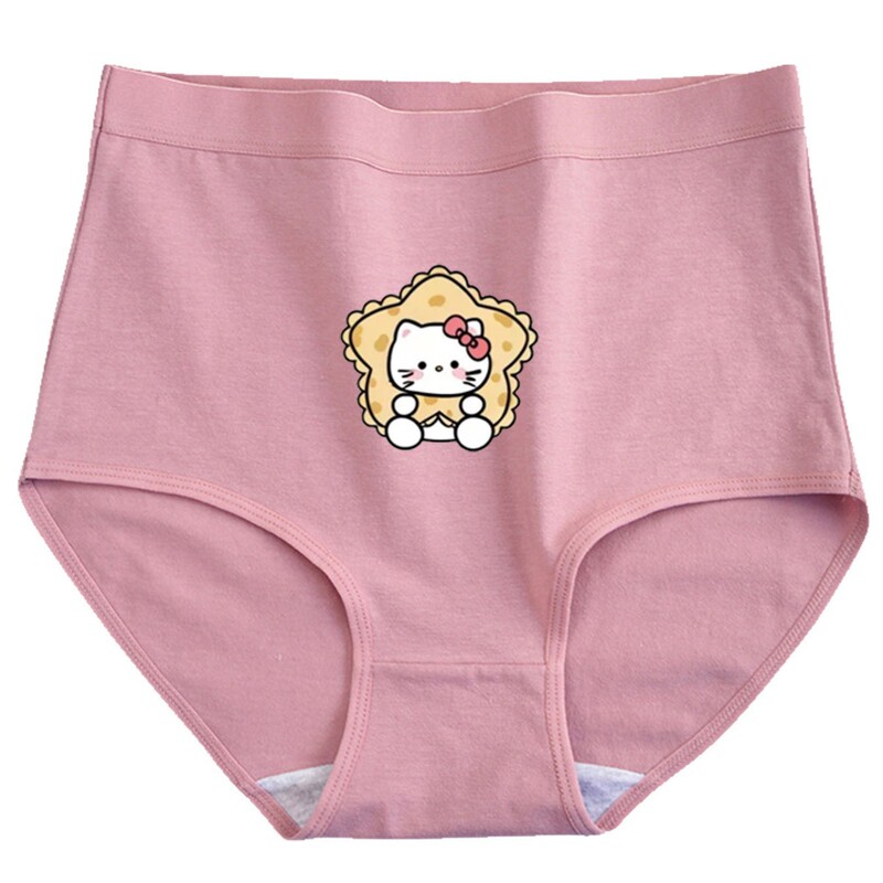 Cross-Border New Model Hello Kitty Mid-High Waist Briefs with Solid Color Cartoon Print, High Elasticity, and Breathable Underwear