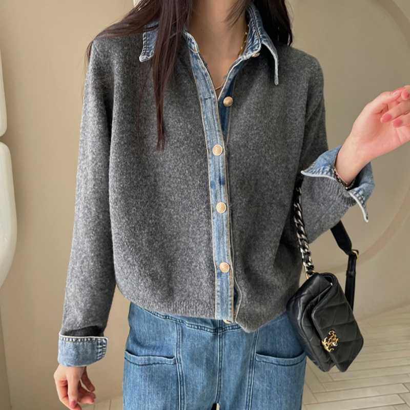 Cross-Border Women's Clothing 2025 Autumn and Winter New Fashion Knitted Cardigan with Denim Patchwork, Slimming and Lazy Style Women's Sweater Coat