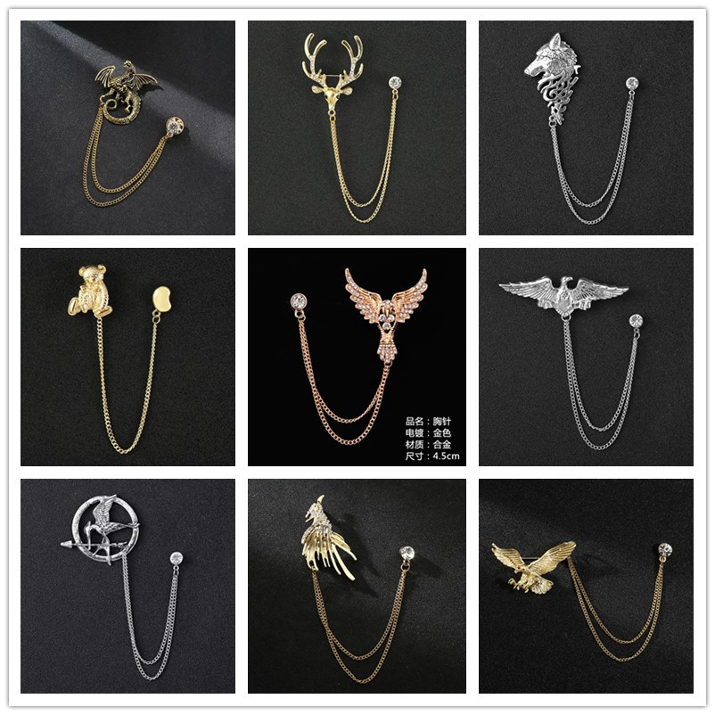 男士西装霸气满钻老鹰鹿头胸针西装外套配饰时尚个性链条流苏胸针